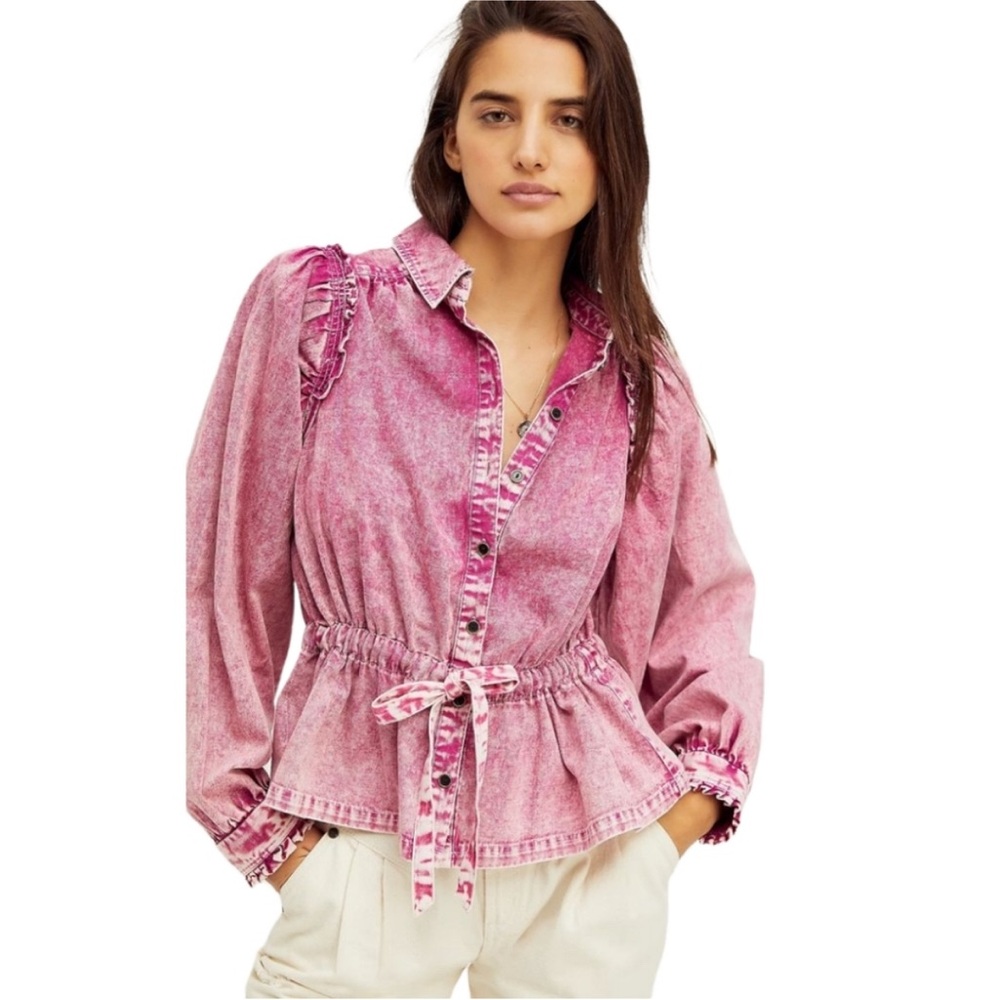 Free People You're All Mine Pink Denim Acid Wash Blouse
